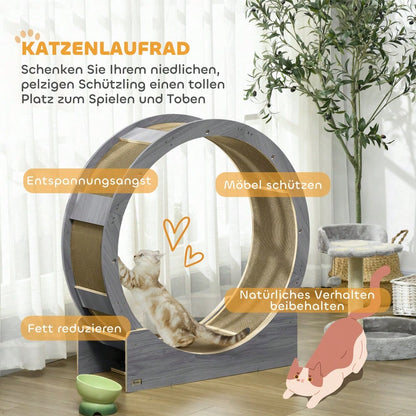 PawHut Premium Laufrad für Katzen 91 cm mit Sicherheitsbremse & Kratzbrett | Katzenlaufrad für gesunde Bewegung und Stressabbau | Robustes Trainingsrad in Grau, für aktive Katzen