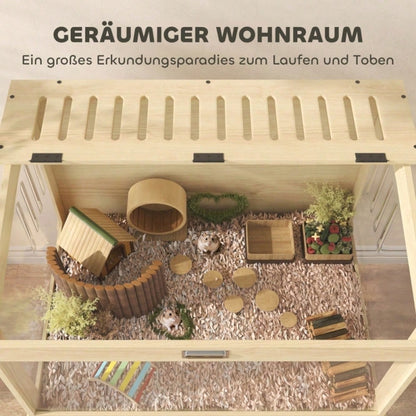 PawHut 2-Etagen Hamsterkäfig aus Naturholz mit klappbarem Deckel | Großer Nagerkäfig & Kleintierheim für Hamster und Mäuse | Mit Freilaufbereich, 83,2x50x103 cm