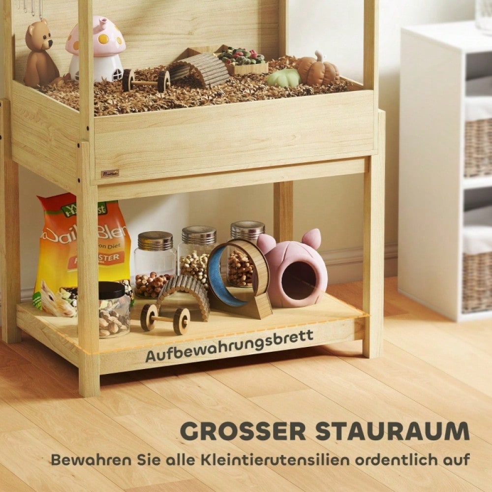 PawHut 2-Etagen Hamsterkäfig aus Naturholz mit klappbarem Deckel | Großer Nagerkäfig & Kleintierheim für Hamster und Mäuse | Mit Freilaufbereich, 83,2x50x103 cm