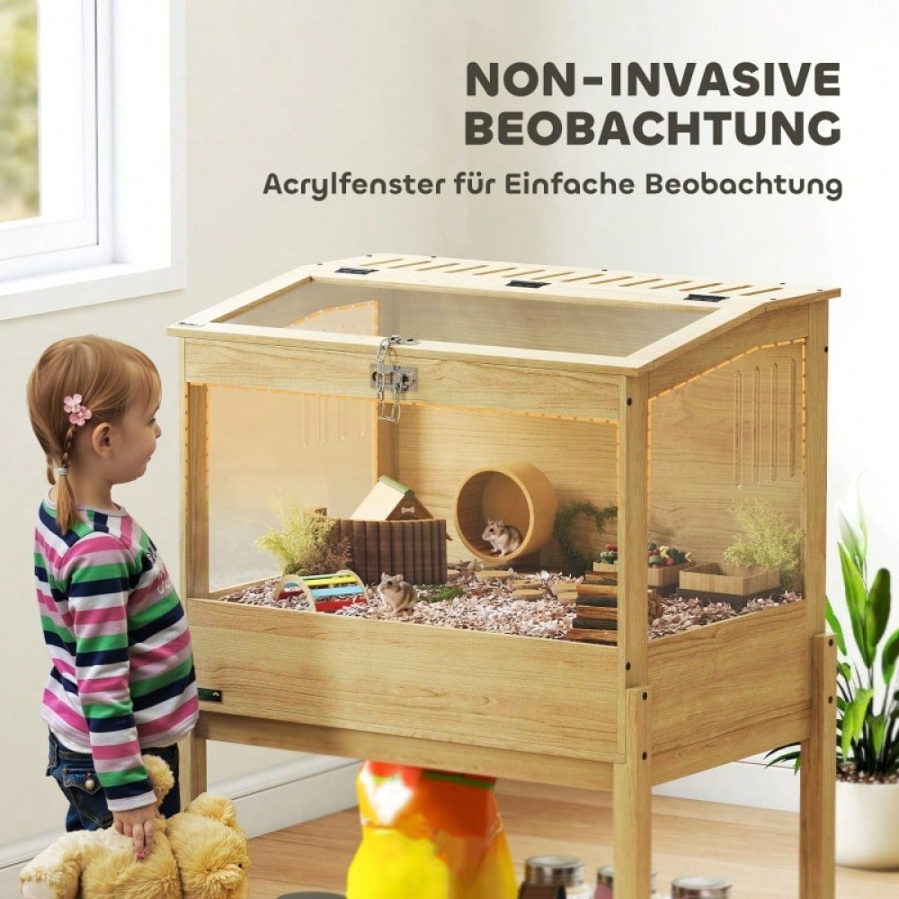 PawHut 2-Etagen Hamsterkäfig aus Naturholz mit klappbarem Deckel | Großer Nagerkäfig & Kleintierheim für Hamster und Mäuse | Mit Freilaufbereich, 83,2x50x103 cm