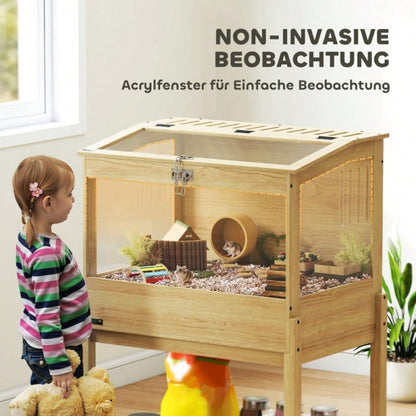 PawHut 2-Etagen Hamsterkäfig aus Naturholz mit klappbarem Deckel | Großer Nagerkäfig & Kleintierheim für Hamster und Mäuse | Mit Freilaufbereich, 83,2x50x103 cm