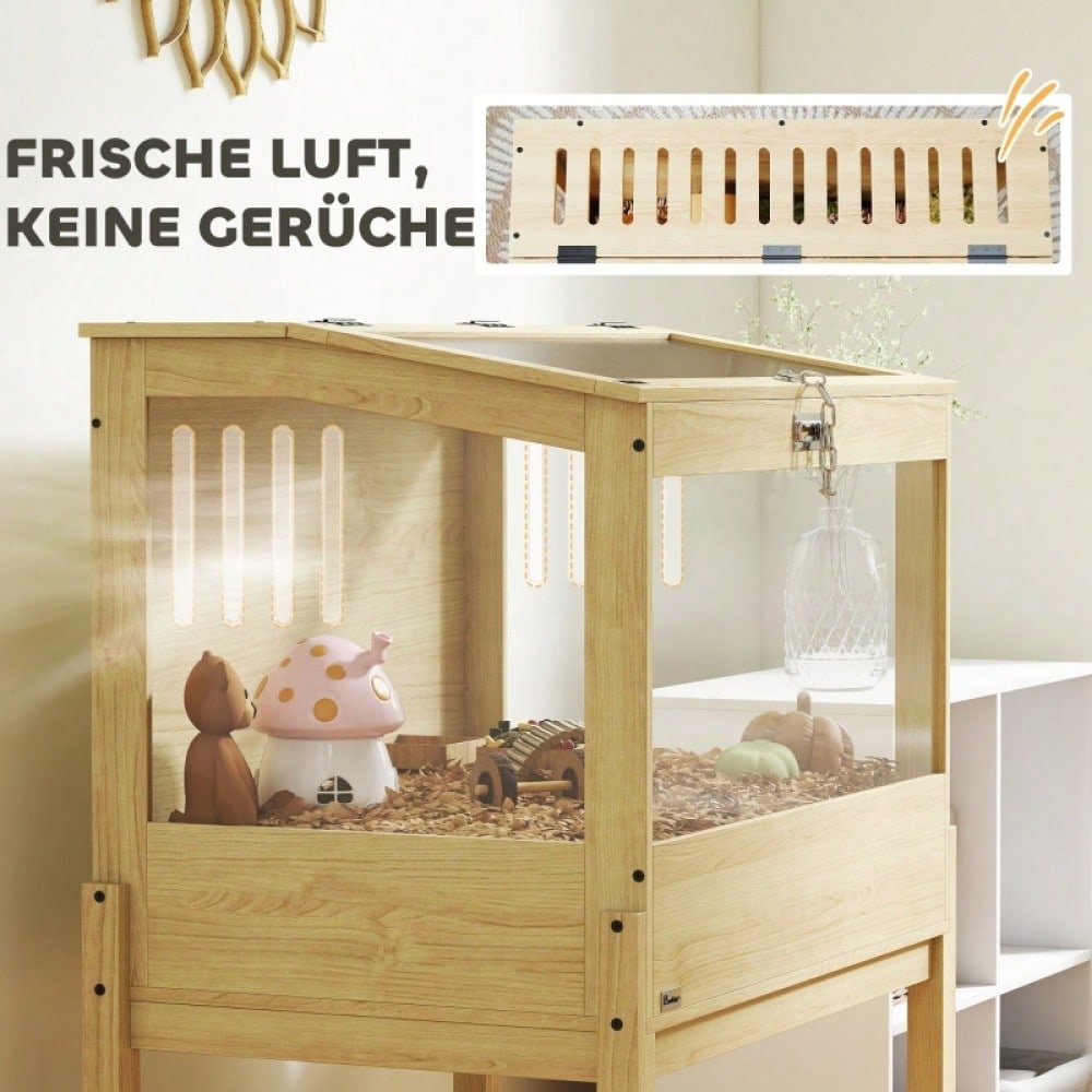 PawHut 2-Etagen Hamsterkäfig aus Naturholz mit klappbarem Deckel | Großer Nagerkäfig & Kleintierheim für Hamster und Mäuse | Mit Freilaufbereich, 83,2x50x103 cm