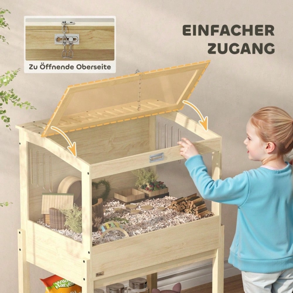 PawHut 2-Etagen Hamsterkäfig aus Naturholz mit klappbarem Deckel | Großer Nagerkäfig & Kleintierheim für Hamster und Mäuse | Mit Freilaufbereich, 83,2x50x103 cm