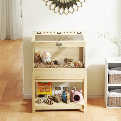 PawHut 2-Etagen Hamsterkäfig aus Naturholz mit klappbarem Deckel | Großer Nagerkäfig & Kleintierheim für Hamster und Mäuse | Mit Freilaufbereich, 83,2x50x103 cm
