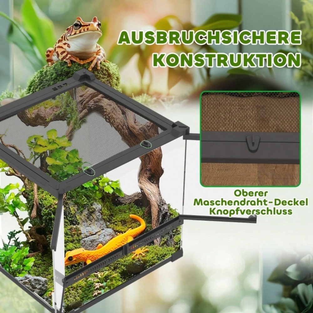 PawHut Glas-Terrarium für Reptilien mit erhöhtem & wasserdichtem Boden | Terrarium mit Sicherheits-Knopfschloss für Echsen & Schlangen | Wüstenterrarium mit belüftetem Design