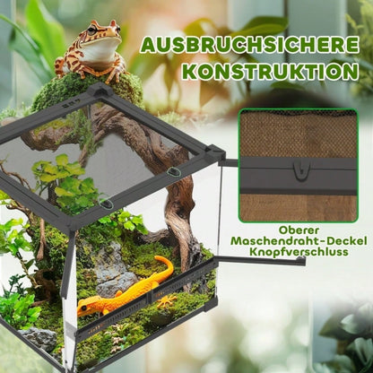 PawHut Glas-Terrarium für Reptilien mit erhöhtem & wasserdichtem Boden | Terrarium mit Sicherheits-Knopfschloss für Echsen & Schlangen | Wüstenterrarium mit belüftetem Design