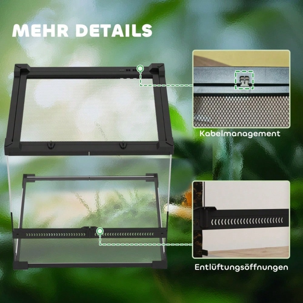 PawHut Glas-Terrarium für Reptilien mit erhöhtem & wasserdichtem Boden | Terrarium mit Sicherheits-Knopfschloss für Echsen & Schlangen | Wüstenterrarium mit belüftetem Design