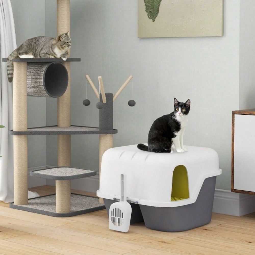 PawHut Katzentoilette mit Deckel & Geruchsverschluss | Verschließbares Katzenklo inkl. Schaufel, leicht zu reinigen | Aus robustem Kunststoff, Weiß