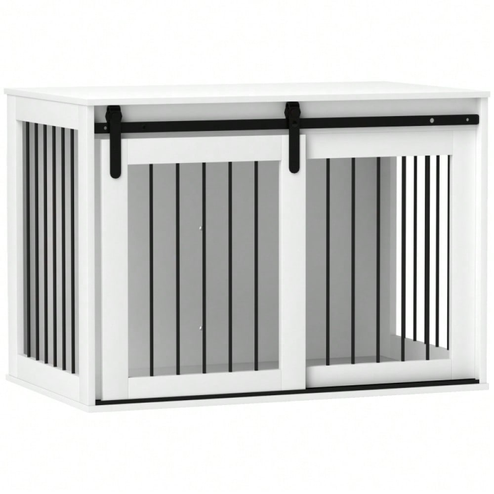 PawHut Hundebox mit Schiebetür & Belüftung | Transportbox aus Spanplatte & Stahl | Für kleine Hunde, 98x58x61 cm, weiß