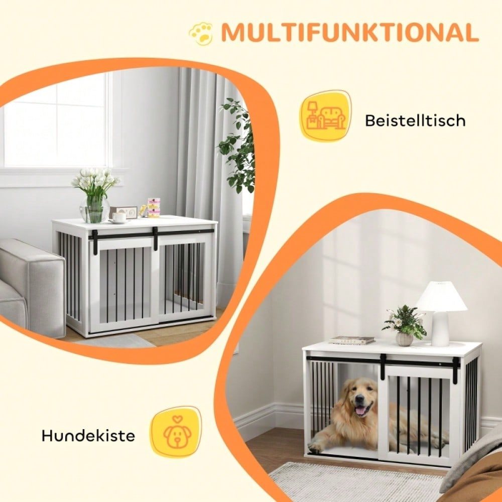 PawHut Hundebox mit Schiebetür & Belüftung | Transportbox aus Spanplatte & Stahl | Für kleine Hunde, 98x58x61 cm, weiß