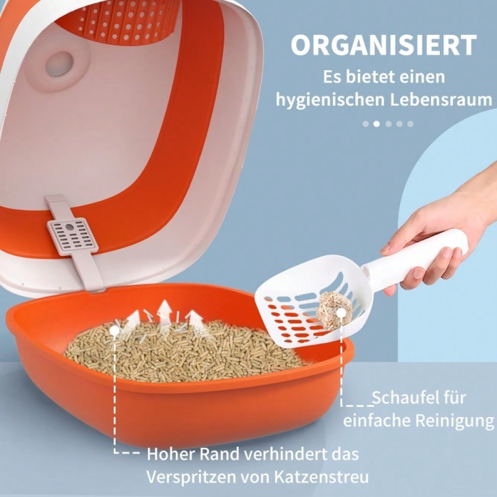 PawHut Katzentoilette mit Deckel & Geruchsverschluss | Inkl. Streuschaufel, für Katzen bis 5 kg | Leicht zu reinigen, 52x41x38 cm, Weiß/Orange