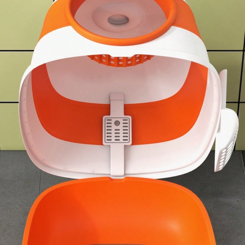 PawHut Katzentoilette mit Deckel & Geruchsverschluss | Inkl. Streuschaufel, für Katzen bis 5 kg | Leicht zu reinigen, 52x41x38 cm, Weiß/Orange