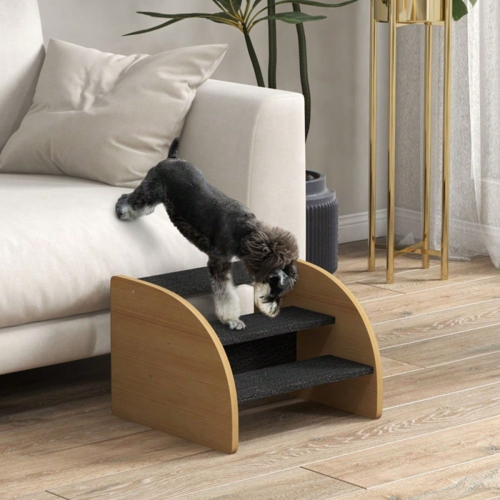 PawHut 3-stufige Haustiertreppe für kleine Hunde | Hundetreppe aus Holz in Eiche/Schwarz | Rutschfeste Stufen, 38,5x38,5x30 cm