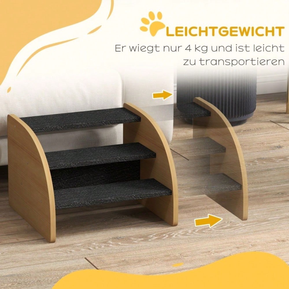 PawHut 3-stufige Haustiertreppe für kleine Hunde | Hundetreppe aus Holz in Eiche/Schwarz | Rutschfeste Stufen, 38,5x38,5x30 cm