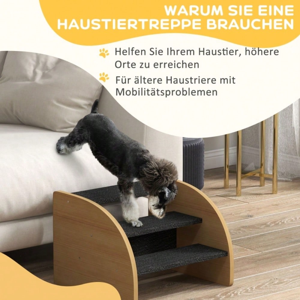 PawHut 3-stufige Haustiertreppe für kleine Hunde | Hundetreppe aus Holz in Eiche/Schwarz | Rutschfeste Stufen, 38,5x38,5x30 cm