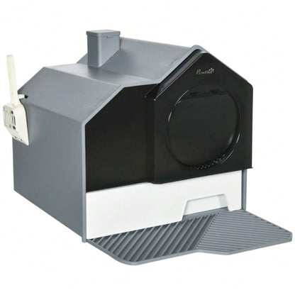 PawHut Katzentoilette im modernen Design mit Siebvorleger & Streuschaufel | Katzenklo mit herausnehmbarer Bodenwanne für einfache Reinigung | Komplett-Set in Grau, inkl. Zubehör
