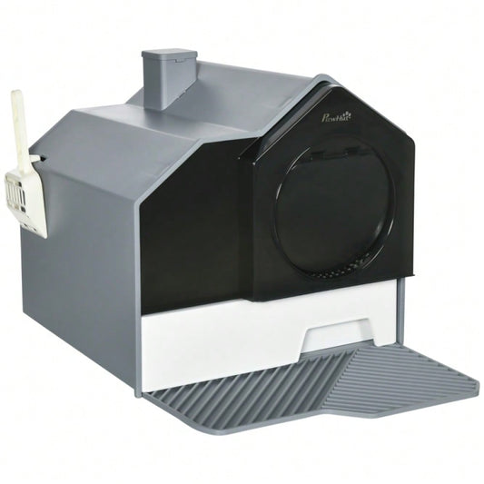 PawHut Katzentoilette im modernen Design mit Siebvorleger & Streuschaufel | Katzenklo mit herausnehmbarer Bodenwanne für einfache Reinigung | Komplett-Set in Grau, inkl. Zubehör