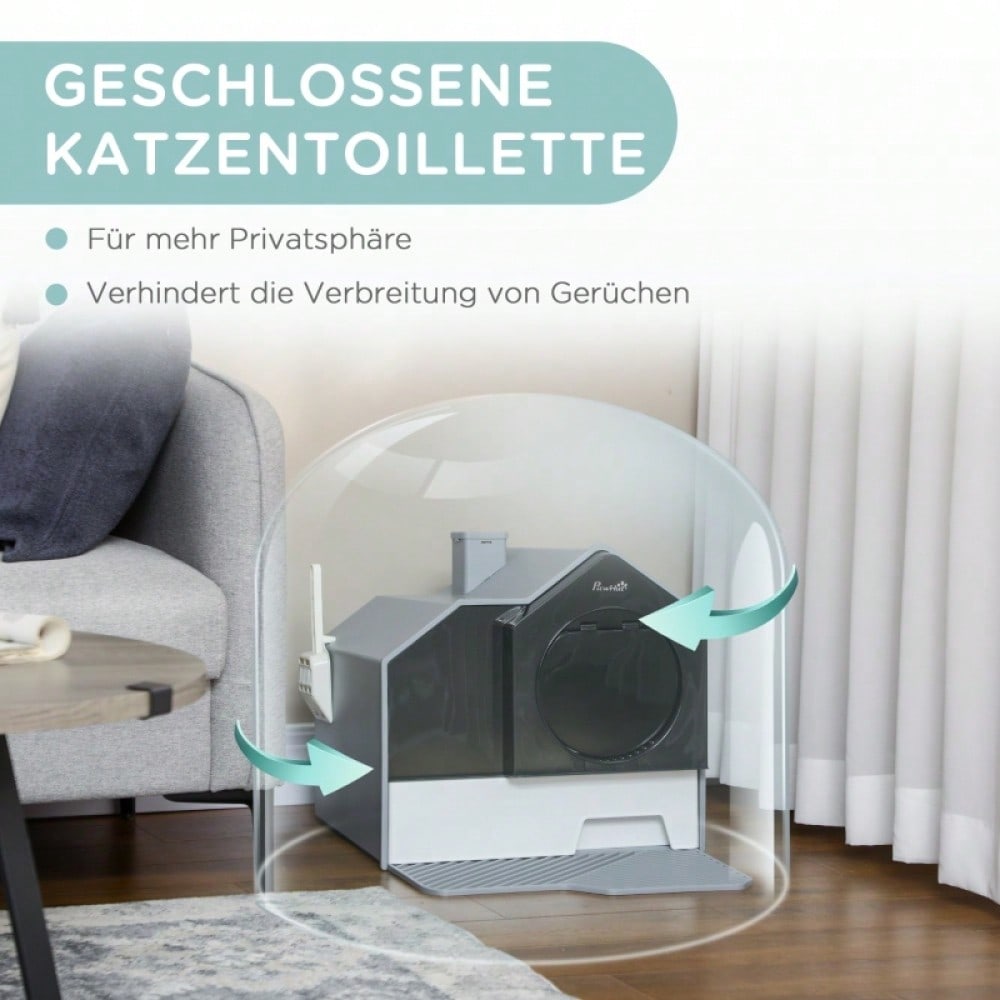 PawHut Katzentoilette im modernen Design mit Siebvorleger & Streuschaufel | Katzenklo mit herausnehmbarer Bodenwanne für einfache Reinigung | Komplett-Set in Grau, inkl. Zubehör