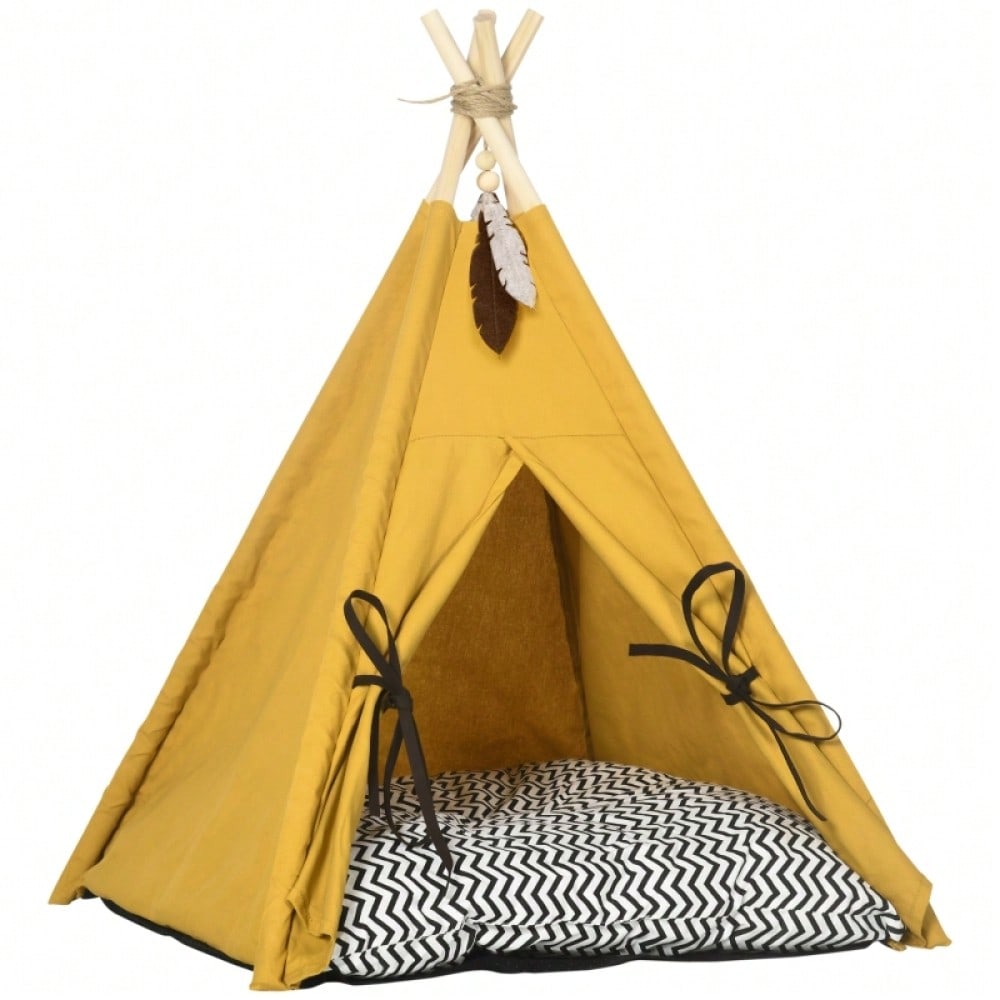 PawHut Tierbett im Tipi-Design mit weichem Liegekissen & Bodenmatte | Gemütliches Hunde- & Katzenbett für kleine Tiere | Kuscheliges Schlafzelt, 60x60x76 cm