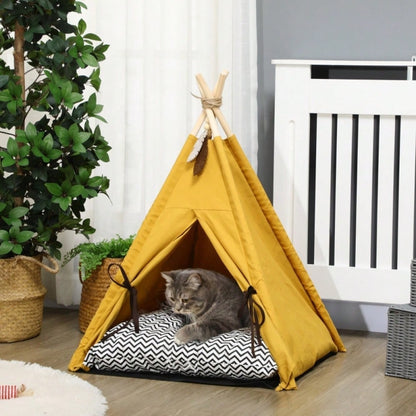 PawHut Tierbett im Tipi-Design mit weichem Liegekissen & Bodenmatte | Gemütliches Hunde- & Katzenbett für kleine Tiere | Kuscheliges Schlafzelt, 60x60x76 cm