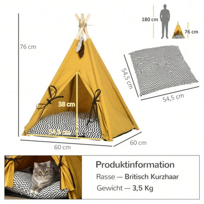 PawHut Tierbett im Tipi-Design mit weichem Liegekissen & Bodenmatte | Gemütliches Hunde- & Katzenbett für kleine Tiere | Kuscheliges Schlafzelt, 60x60x76 cm