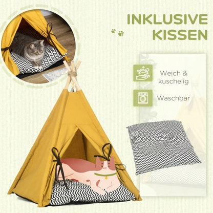 PawHut Tierbett im Tipi-Design mit weichem Liegekissen & Bodenmatte | Gemütliches Hunde- & Katzenbett für kleine Tiere | Kuscheliges Schlafzelt, 60x60x76 cm