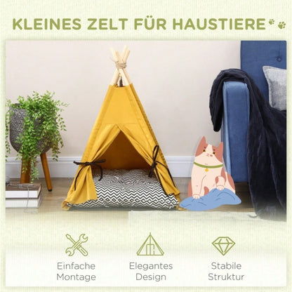 PawHut Tierbett im Tipi-Design mit weichem Liegekissen & Bodenmatte | Gemütliches Hunde- & Katzenbett für kleine Tiere | Kuscheliges Schlafzelt, 60x60x76 cm
