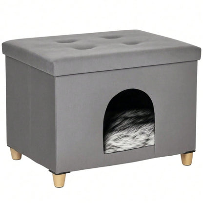 PawHut 2-in-1 Katzenhöhle & Fußhocker mit abnehmbarem Kissen | Katzenmöbel mit Holzbeinen und weicher Polsterung | Elegante Ottomane in Grau, 60x45x44,5 cm
