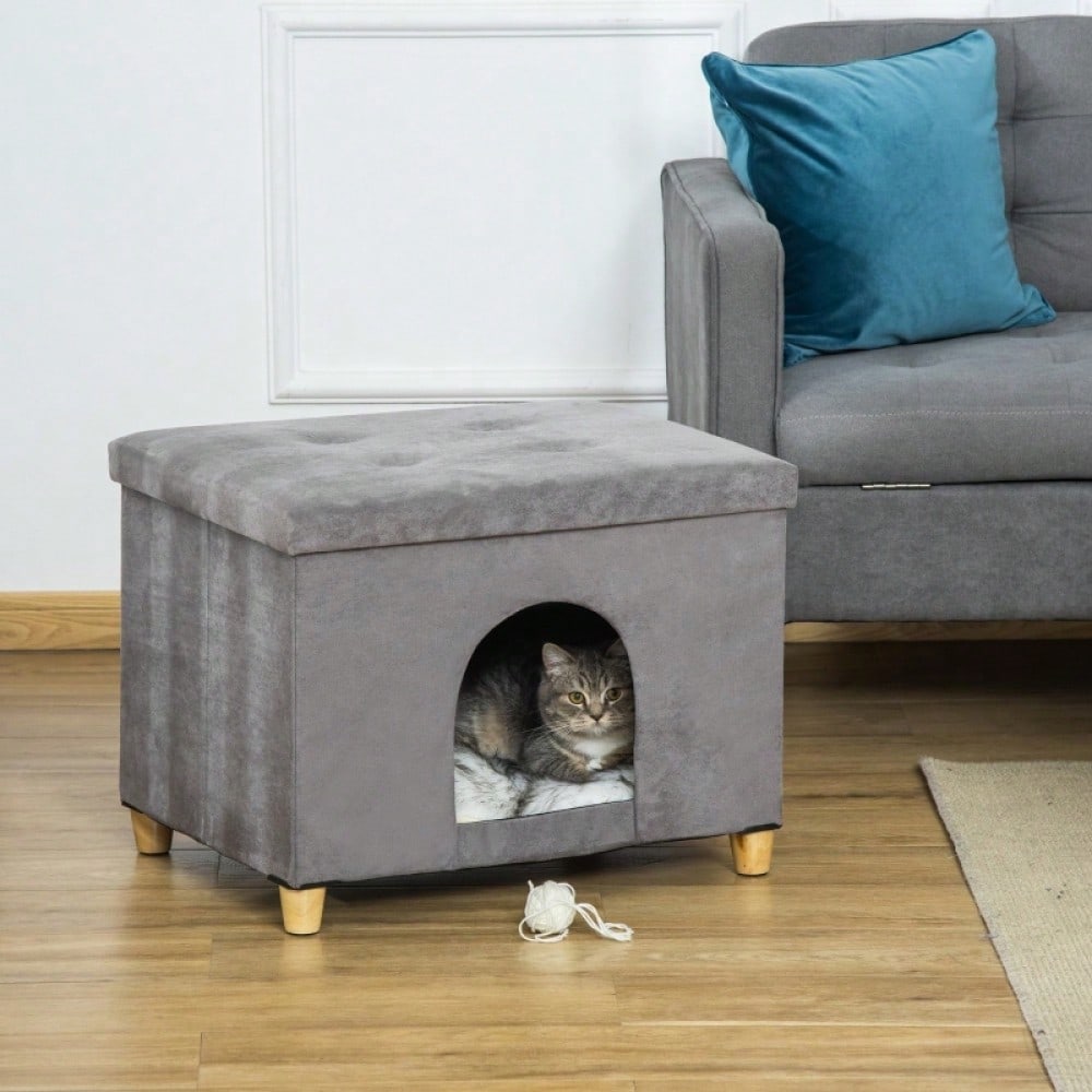 PawHut 2-in-1 Katzenhöhle & Fußhocker mit abnehmbarem Kissen | Katzenmöbel mit Holzbeinen und weicher Polsterung | Elegante Ottomane in Grau, 60x45x44,5 cm