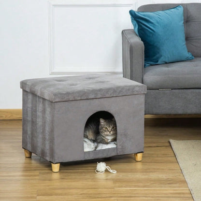 PawHut 2-in-1 Katzenhöhle & Fußhocker mit abnehmbarem Kissen | Katzenmöbel mit Holzbeinen und weicher Polsterung | Elegante Ottomane in Grau, 60x45x44,5 cm