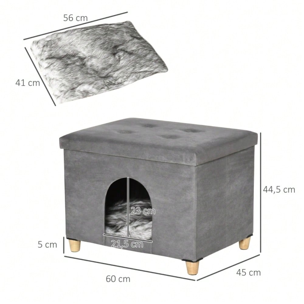 PawHut 2-in-1 Katzenhöhle & Fußhocker mit abnehmbarem Kissen | Katzenmöbel mit Holzbeinen und weicher Polsterung | Elegante Ottomane in Grau, 60x45x44,5 cm