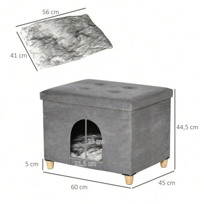 PawHut 2-in-1 Katzenhöhle & Fußhocker mit abnehmbarem Kissen | Katzenmöbel mit Holzbeinen und weicher Polsterung | Elegante Ottomane in Grau, 60x45x44,5 cm