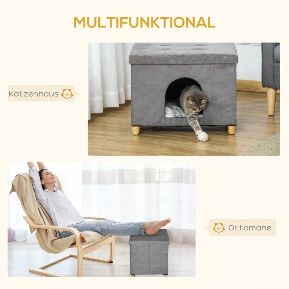 PawHut 2-in-1 Katzenhöhle & Fußhocker mit abnehmbarem Kissen | Katzenmöbel mit Holzbeinen und weicher Polsterung | Elegante Ottomane in Grau, 60x45x44,5 cm