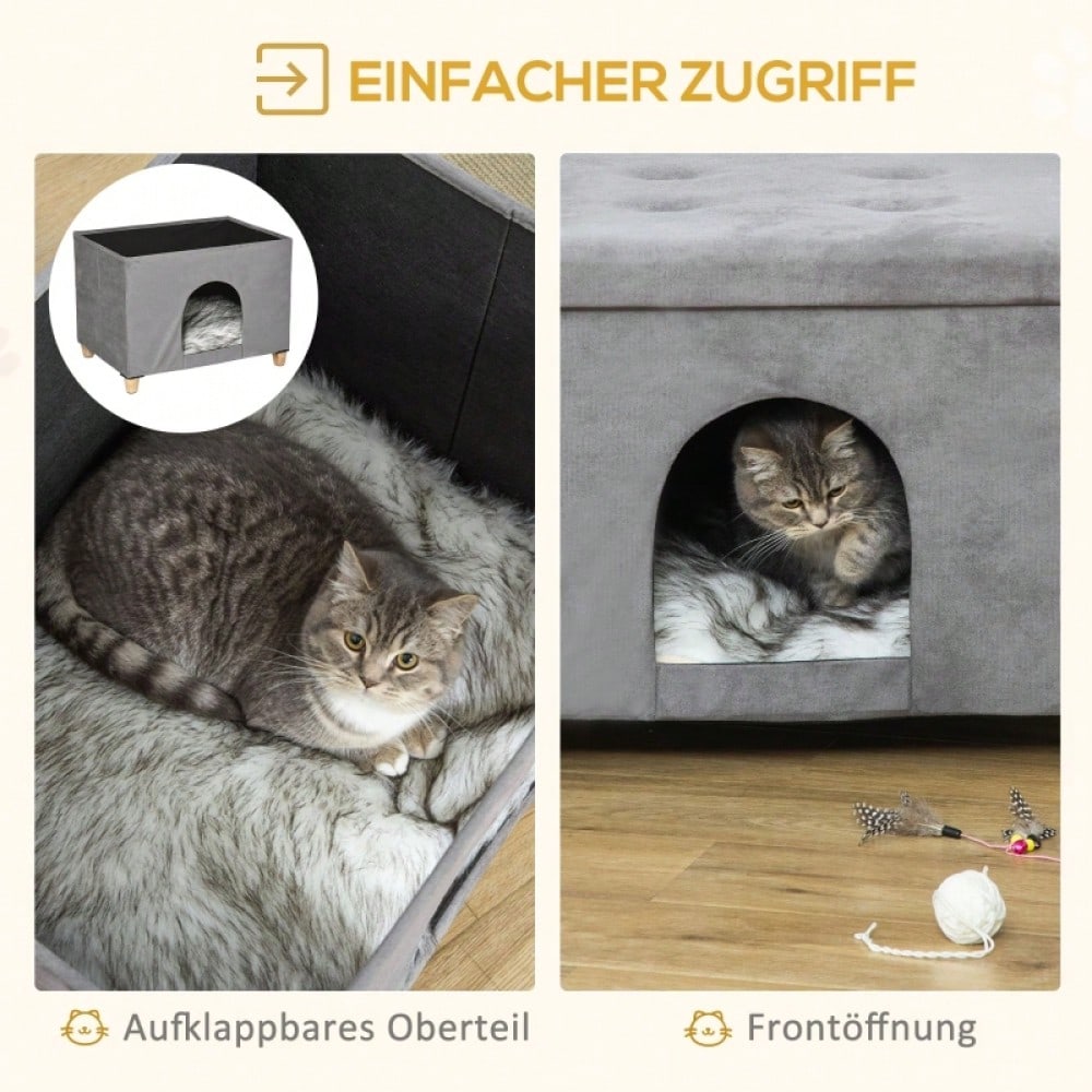 PawHut 2-in-1 Katzenhöhle & Fußhocker mit abnehmbarem Kissen | Katzenmöbel mit Holzbeinen und weicher Polsterung | Elegante Ottomane in Grau, 60x45x44,5 cm