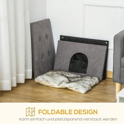 PawHut 2-in-1 Katzenhöhle & Fußhocker mit abnehmbarem Kissen | Katzenmöbel mit Holzbeinen und weicher Polsterung | Elegante Ottomane in Grau, 60x45x44,5 cm
