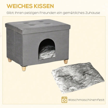 PawHut 2-in-1 Katzenhöhle & Fußhocker mit abnehmbarem Kissen | Katzenmöbel mit Holzbeinen und weicher Polsterung | Elegante Ottomane in Grau, 60x45x44,5 cm