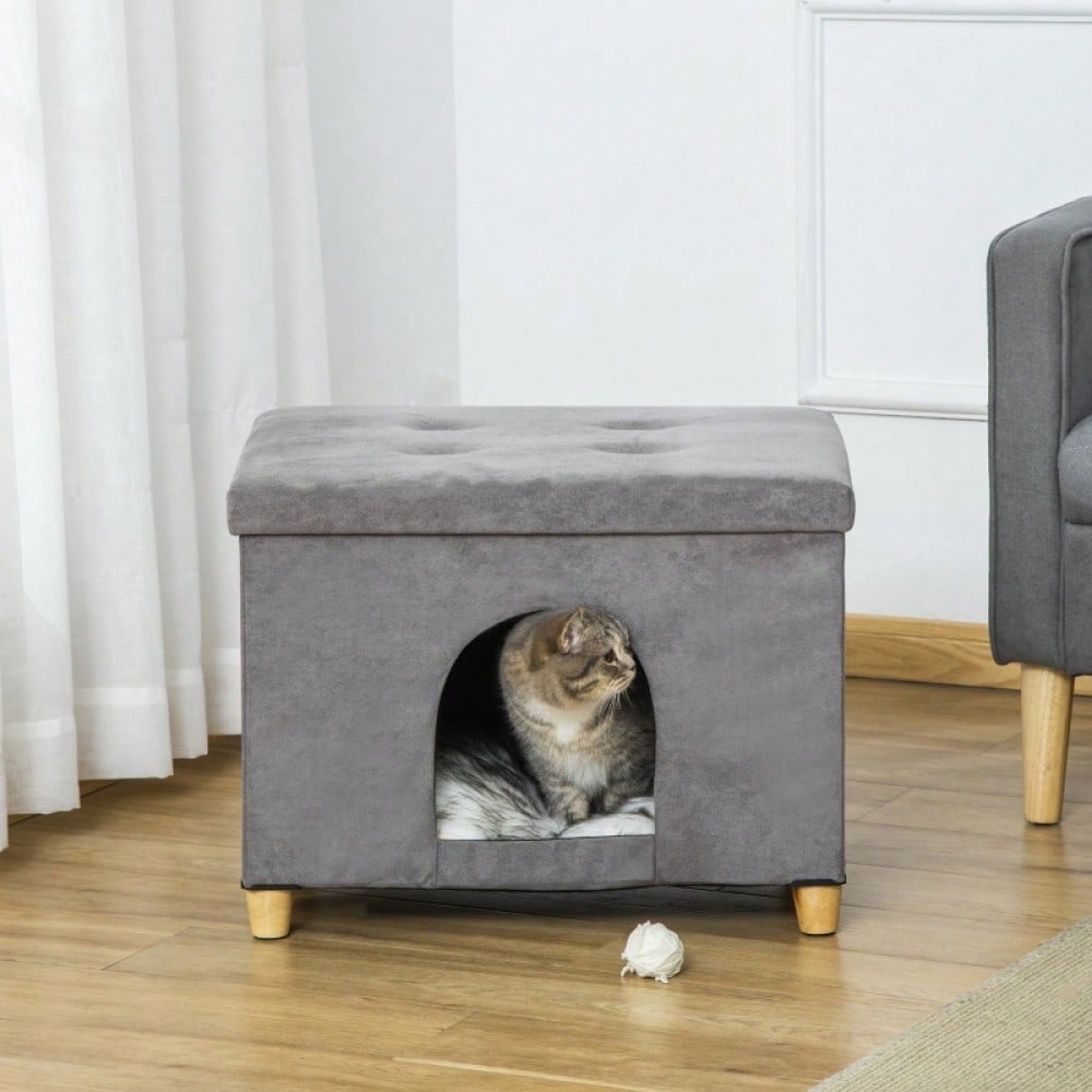 PawHut 2-in-1 Katzenhöhle & Fußhocker mit abnehmbarem Kissen | Katzenmöbel mit Holzbeinen und weicher Polsterung | Elegante Ottomane in Grau, 60x45x44,5 cm