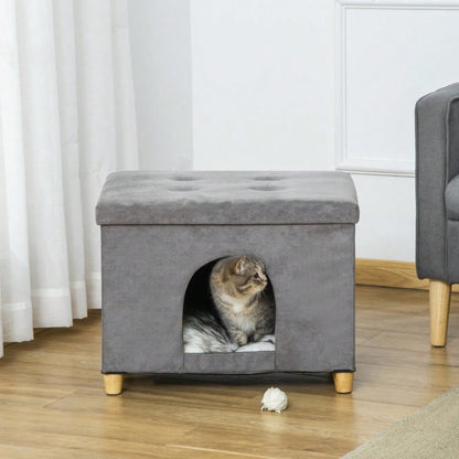 PawHut 2-in-1 Katzenhöhle & Fußhocker mit abnehmbarem Kissen | Katzenmöbel mit Holzbeinen und weicher Polsterung | Elegante Ottomane in Grau, 60x45x44,5 cm