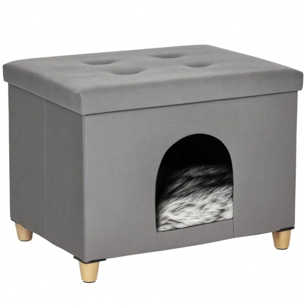PawHut 2-in-1 Katzenhöhle & Fußhocker mit abnehmbarem Kissen | Katzenmöbel mit Holzbeinen und weicher Polsterung | Elegante Ottomane in Grau, 60x45x44,5 cm