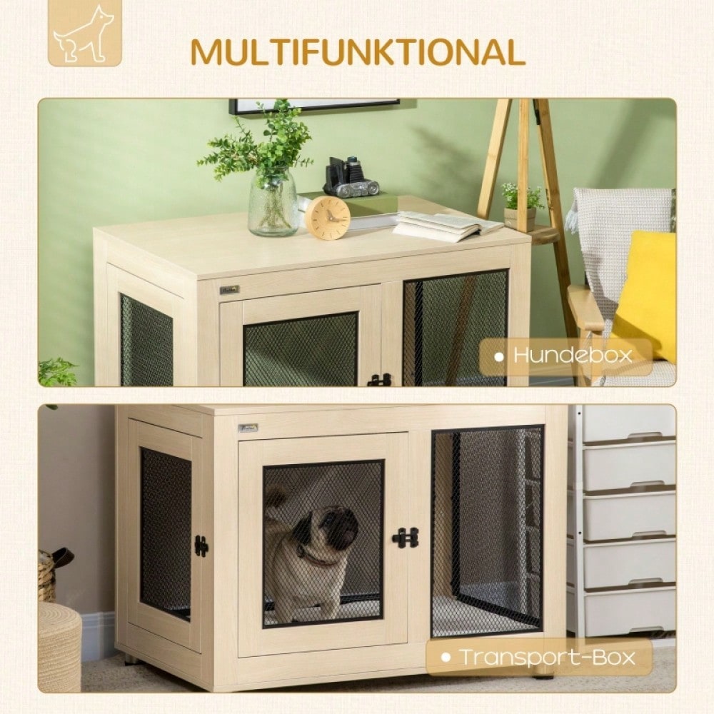 PawHut Hundebox Modernes Design mit 2 Türen & Verriegelung | Sicherer Hundekäfig in Natur/Schwarz | Für große Hunde, 94x60x71,5 cm