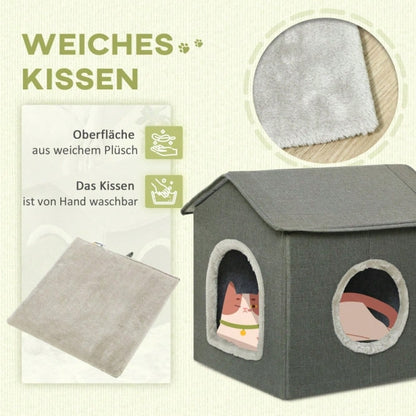 PawHut Katzenhöhle mit waschbarem Kissen | Gemütliches Katzenbett & Reisebett für Haustiere | Weiche Polsterung, abnehmbar & tragbar, Khaki/Grün