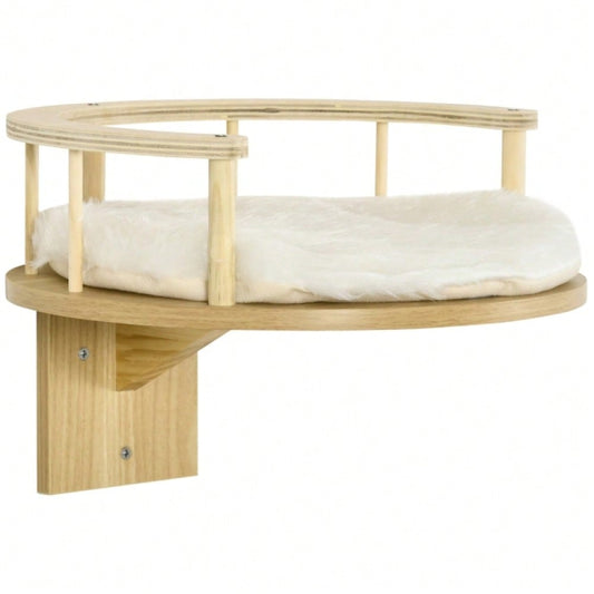 PawHut Wandmontage Katzenbett mit Schutzrand & weichem Kissen | Wandliege für Katzen in Eiche & Cremeweiß | Platzsparendes Hängeschlafplatz, 34x34x10,5 cm