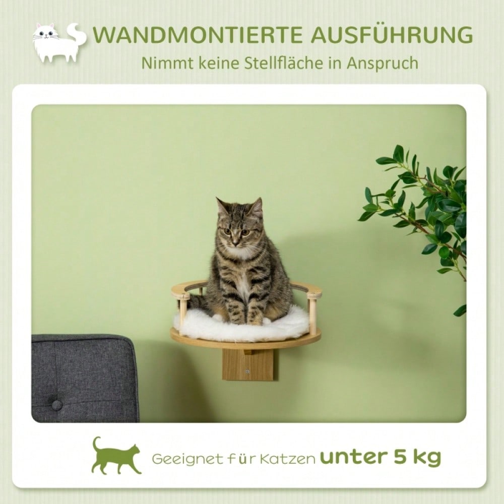 PawHut Wandmontage Katzenbett mit Schutzrand & weichem Kissen | Wandliege für Katzen in Eiche & Cremeweiß | Platzsparendes Hängeschlafplatz, 34x34x10,5 cm