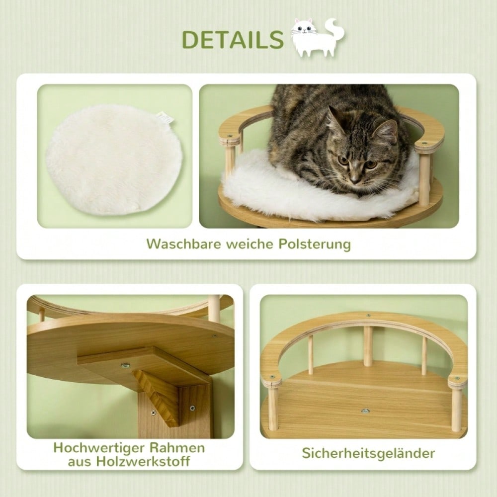PawHut Wandmontage Katzenbett mit Schutzrand & weichem Kissen | Wandliege für Katzen in Eiche & Cremeweiß | Platzsparendes Hängeschlafplatz, 34x34x10,5 cm