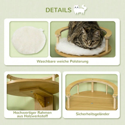 PawHut Wandmontage Katzenbett mit Schutzrand & weichem Kissen | Wandliege für Katzen in Eiche & Cremeweiß | Platzsparendes Hängeschlafplatz, 34x34x10,5 cm