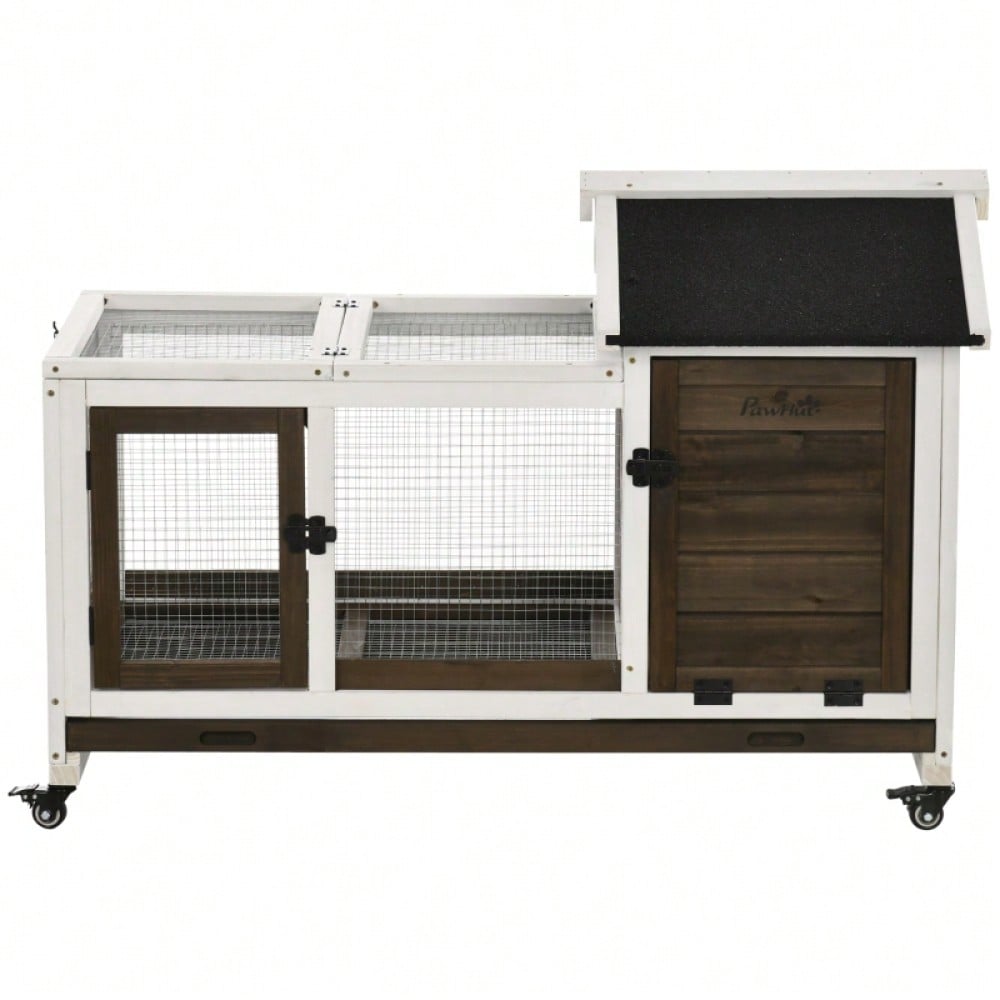 PawHut Kleintierstall mit Rädern für Zwergkaninchen & Meerschweinchen | Mobiler Nagervilla mit praktischen Rollen | Großes Gehege 108x58x73,5 cm in Kaffee-Optik
