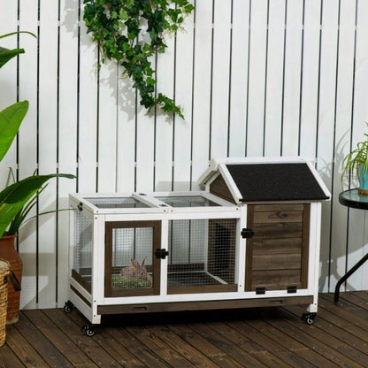 PawHut Kleintierstall mit Rädern für Zwergkaninchen & Meerschweinchen | Mobiler Nagervilla mit praktischen Rollen | Großes Gehege 108x58x73,5 cm in Kaffee-Optik