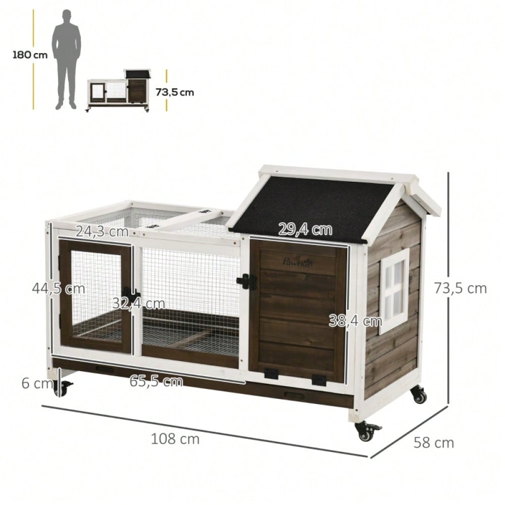 PawHut Kleintierstall mit Rädern für Zwergkaninchen & Meerschweinchen | Mobiler Nagervilla mit praktischen Rollen | Großes Gehege 108x58x73,5 cm in Kaffee-Optik