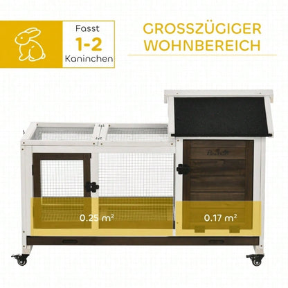 PawHut Kleintierstall mit Rädern für Zwergkaninchen & Meerschweinchen | Mobiler Nagervilla mit praktischen Rollen | Großes Gehege 108x58x73,5 cm in Kaffee-Optik