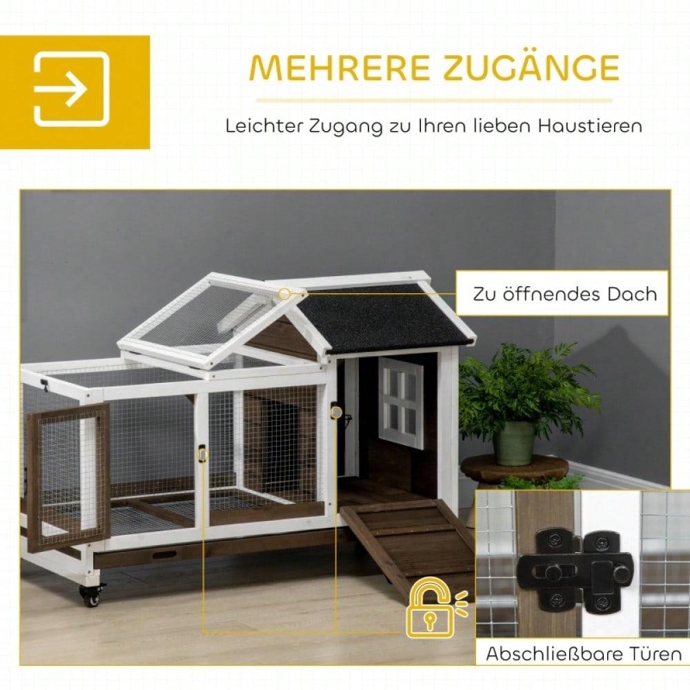PawHut Kleintierstall mit Rädern für Zwergkaninchen & Meerschweinchen | Mobiler Nagervilla mit praktischen Rollen | Großes Gehege 108x58x73,5 cm in Kaffee-Optik
